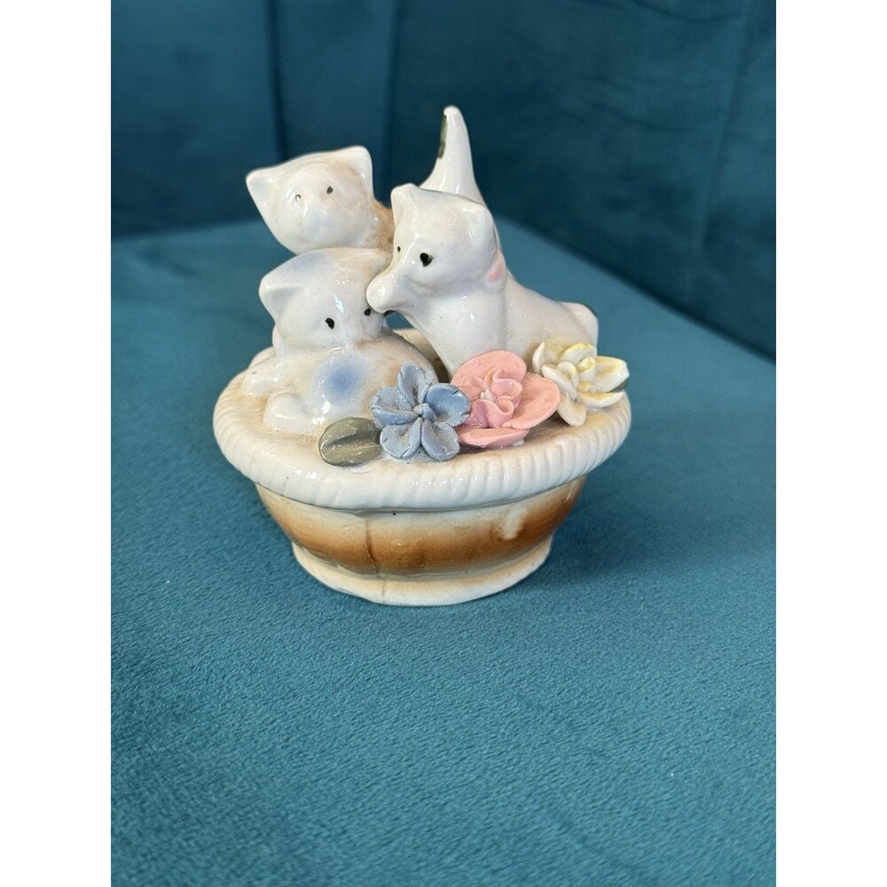 Vintage Style Porcelain Elephant Family Figurine Applied Flowers Made in China